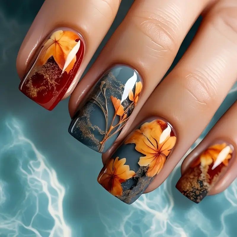 48pcs Short Square Press-On Nails with Dark Base and Gold Leaf Foil for Fall Nail Art