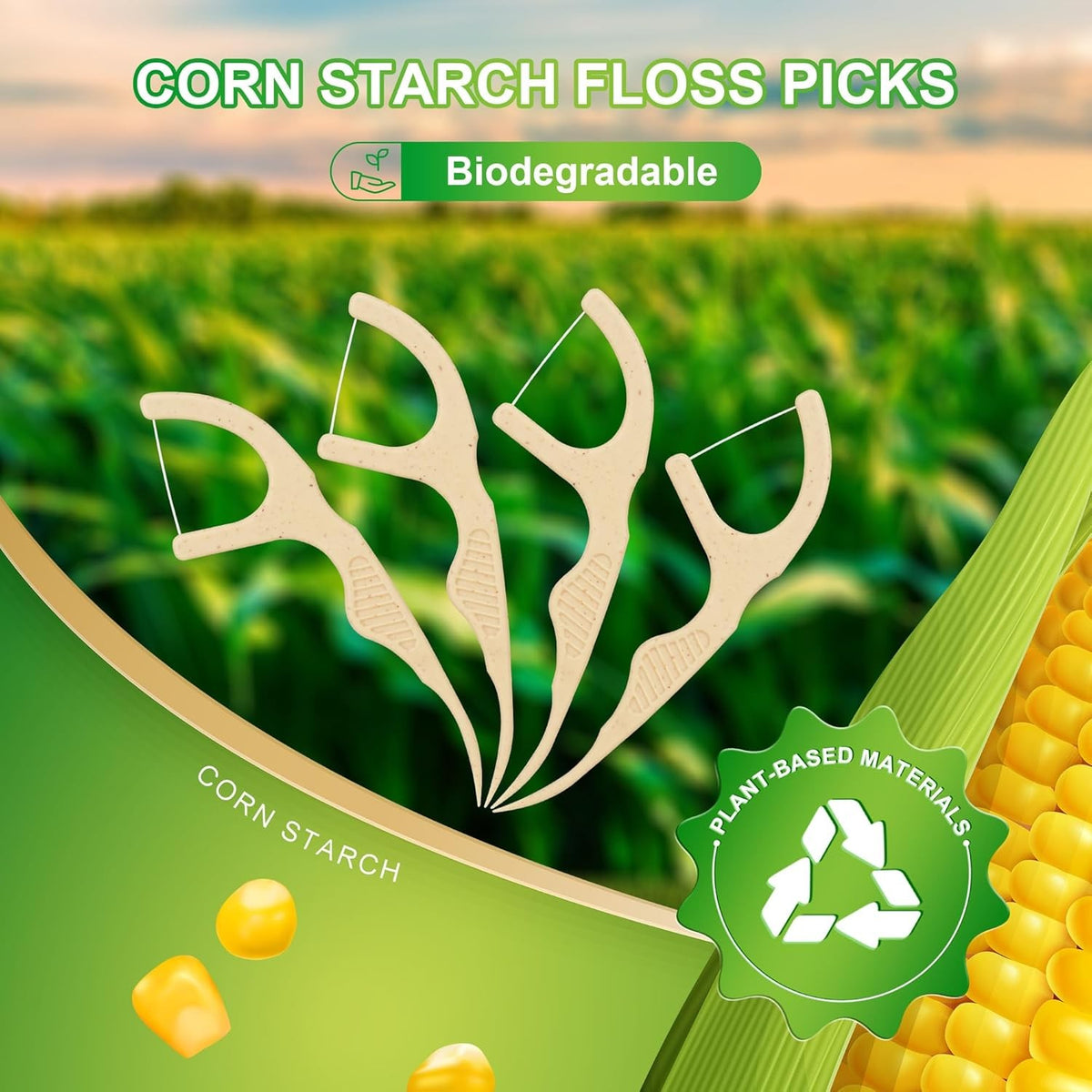 Biodegradable Dental Floss Picks - Eco-Friendly Plant-Based Tooth Floss, Mint, 200 Count