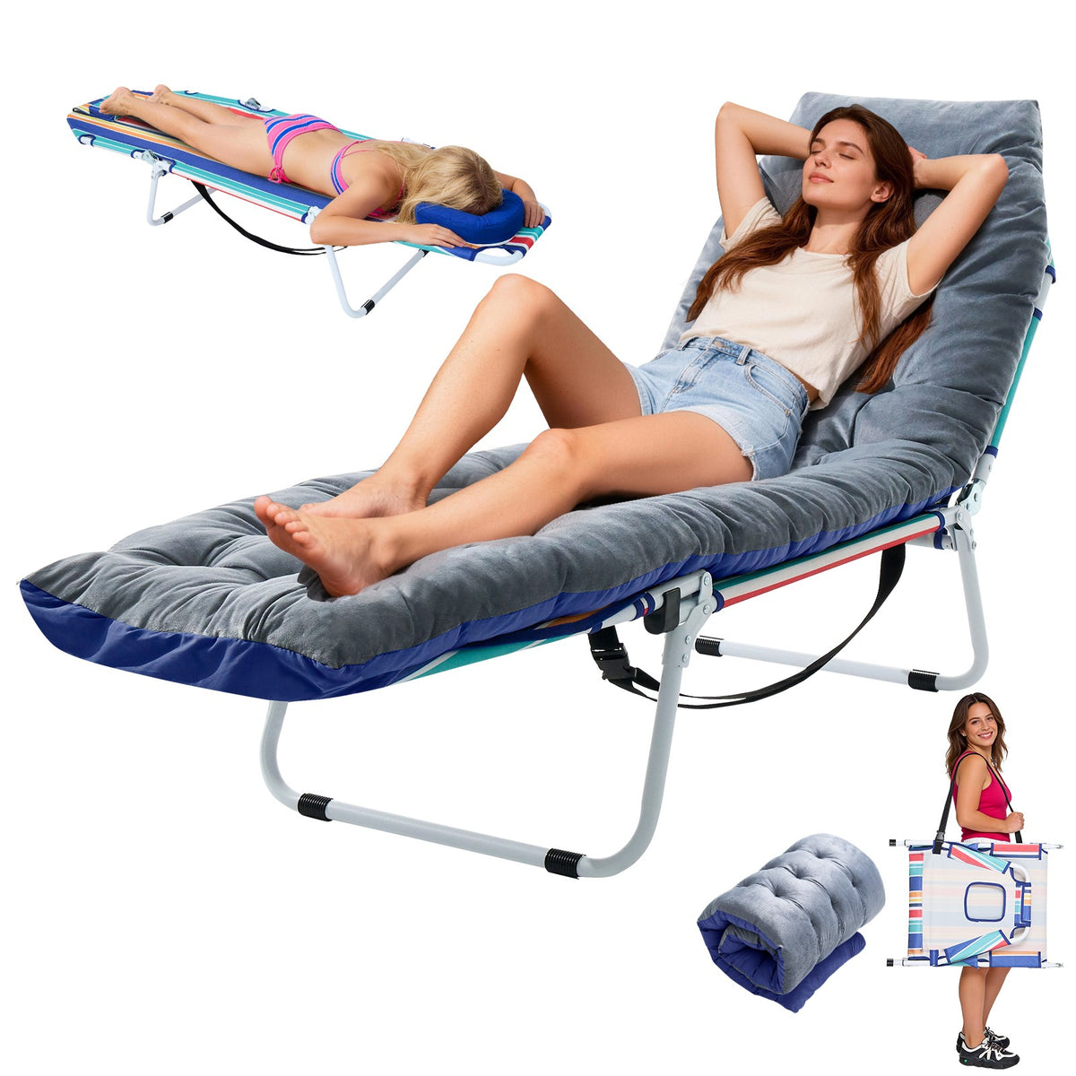 Outdoor Folding Tanning Chair with Face Hole and Mattress, Adjustable Lounger for Sunbathing and Camping