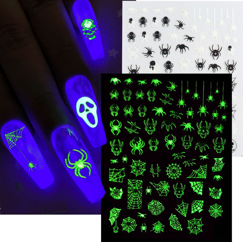 Glow-in-The-Dark Halloween Nail Stickers - Skull Ghost Pumpkin Spider Web Bat 6 Pack