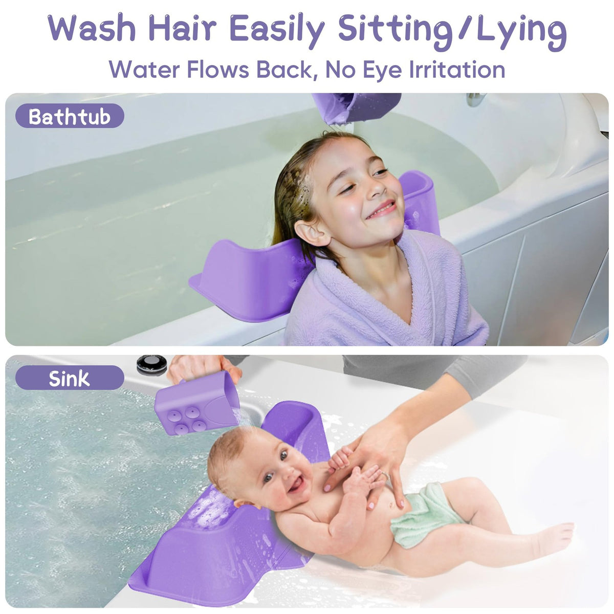 Portable Kids Hair Washing Station Silicone Basin with Rinse Cup - Purple