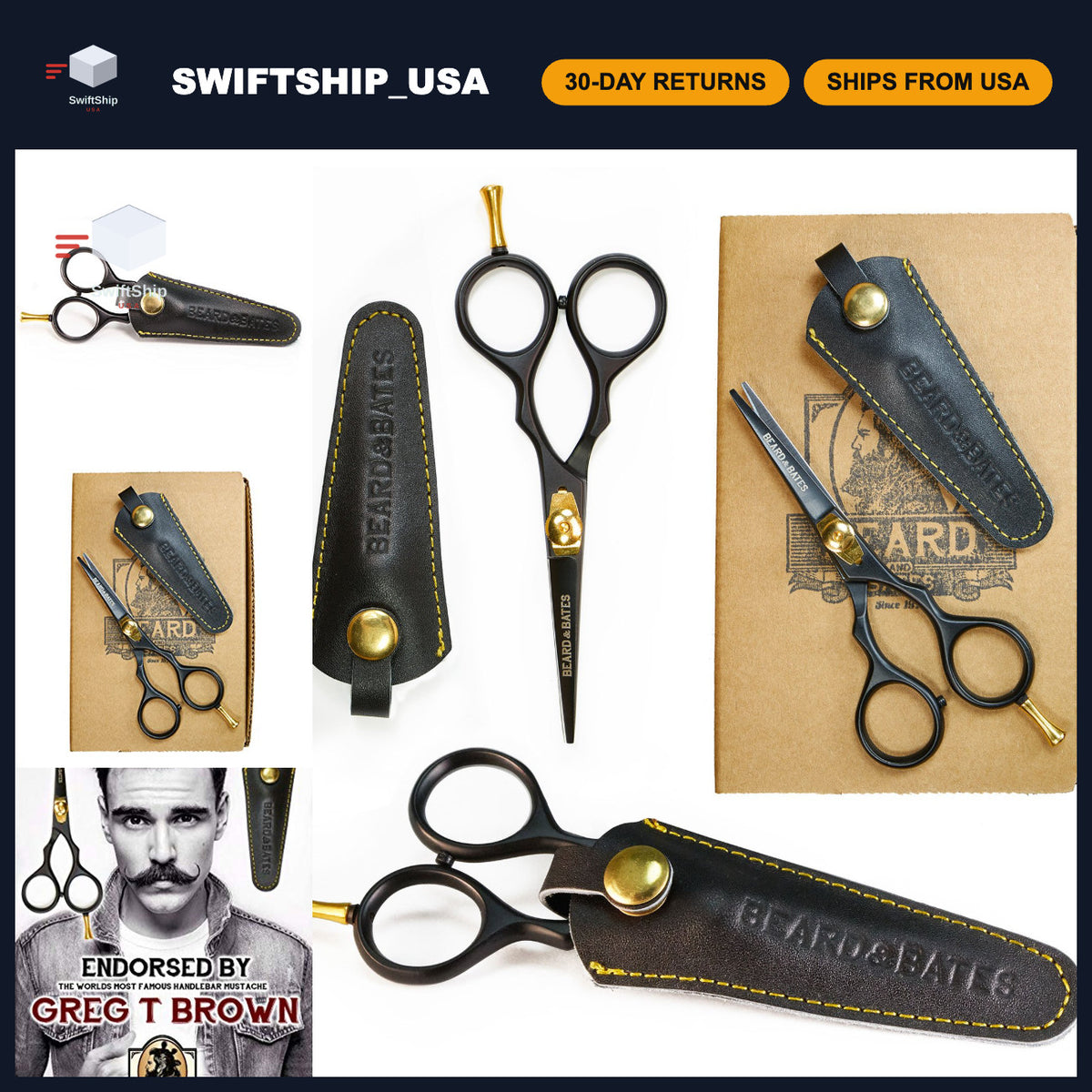 Premium Beard & Mustache Grooming Scissors with Leather Holster - Black