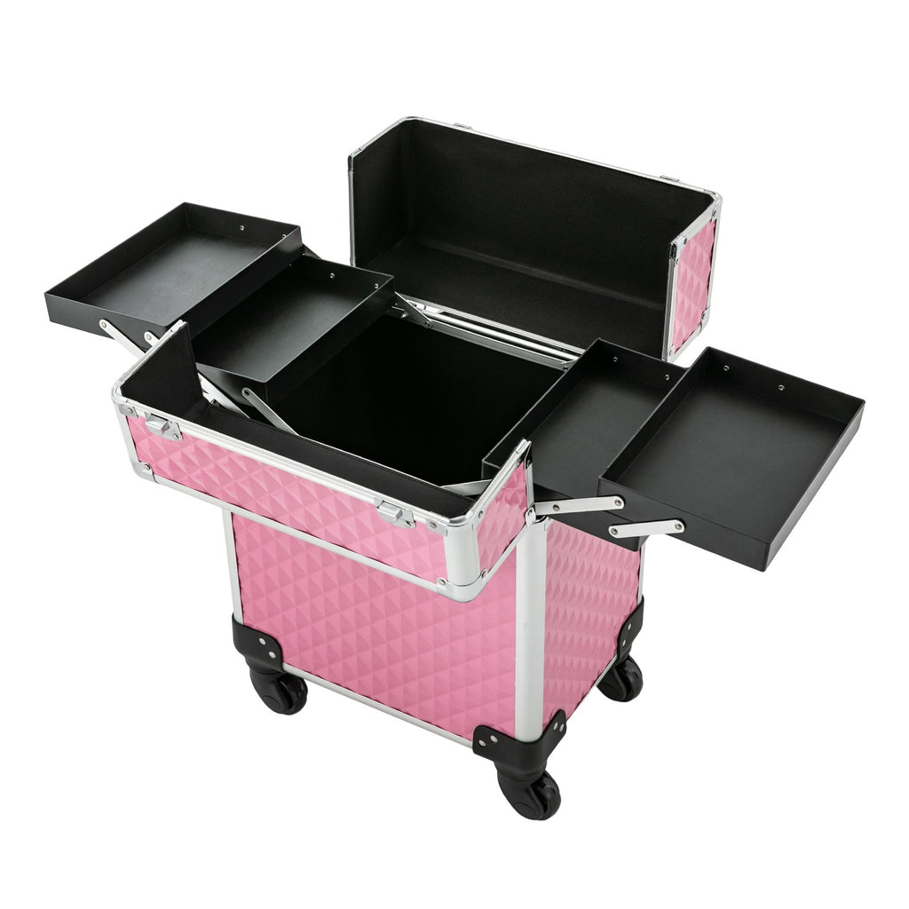Portable Pink Makeup Train Case with Wheels - Cosmetic Storage Organizer