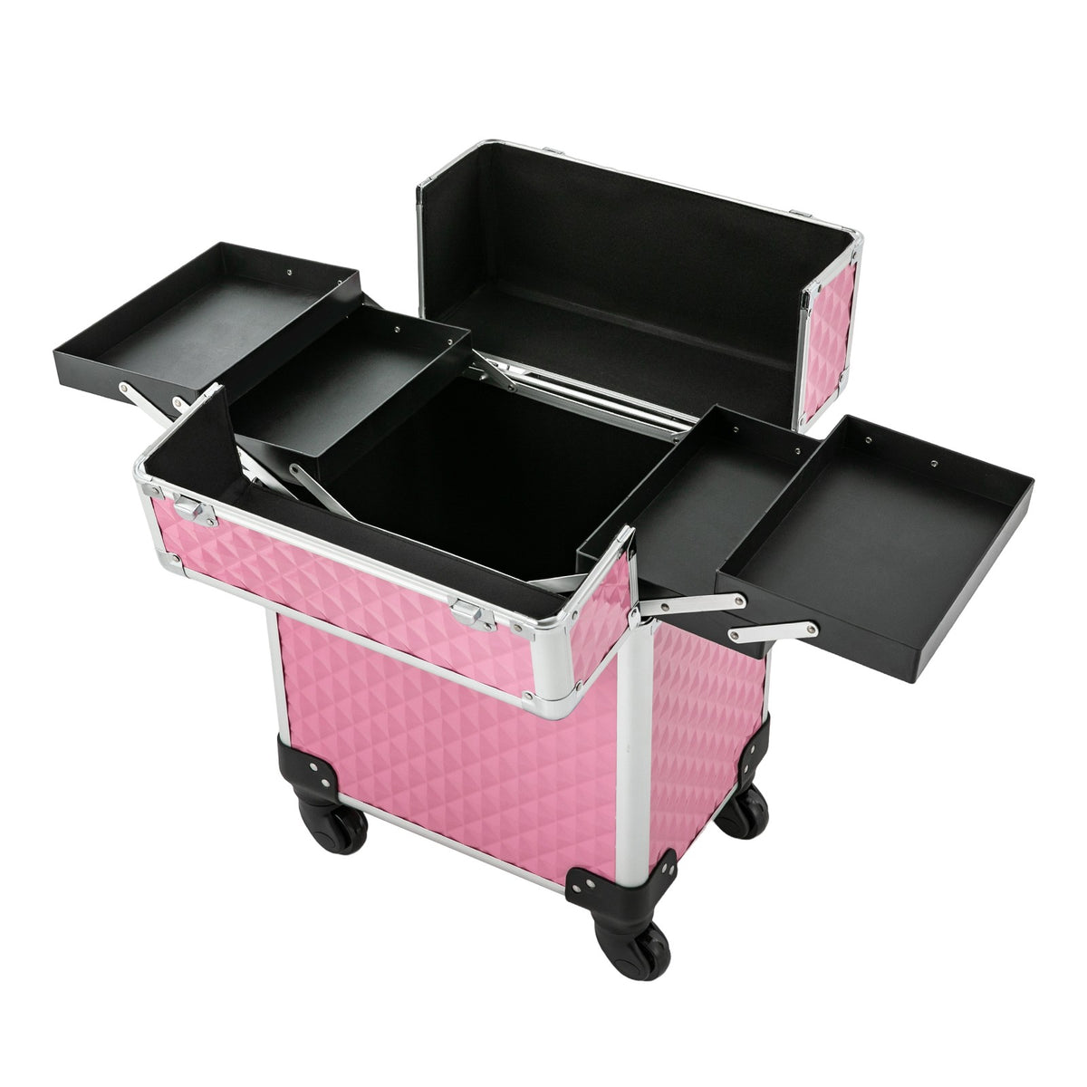 Portable Pink Makeup Train Case with Wheels - Cosmetic Storage Organizer