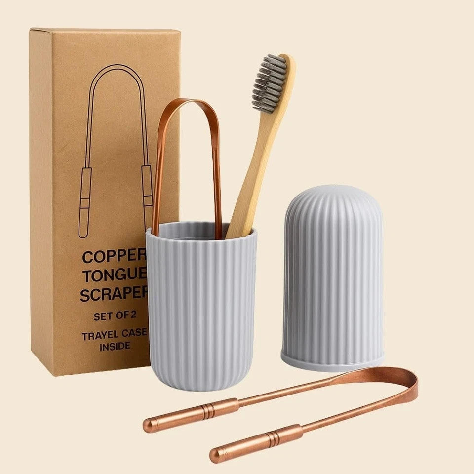 Copper Tongue Scraper Set with Bamboo Toothbrush - Natural Oral Care Kit