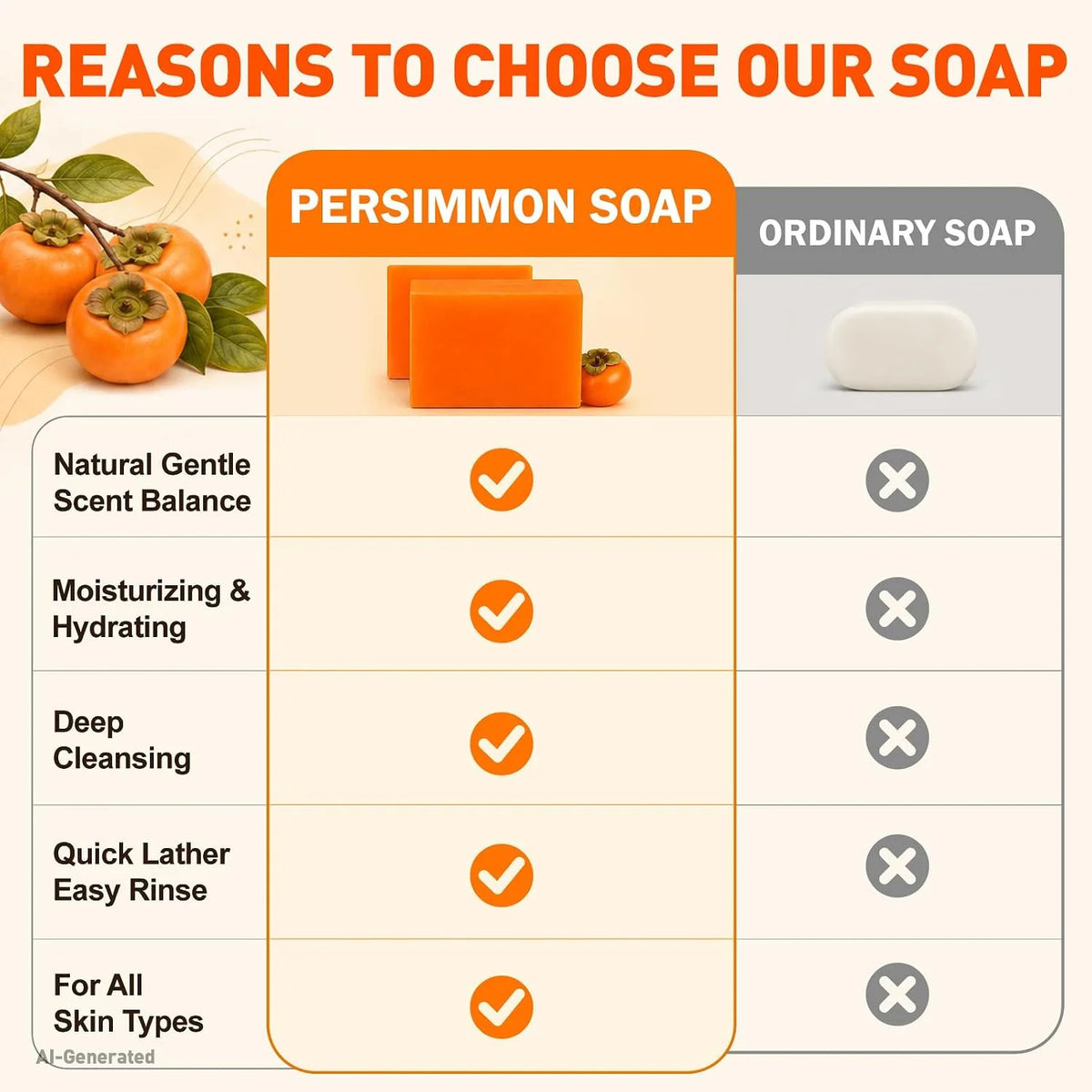 Persimmon Soap Bar Set for Body Odor Control - Natural Refreshing Cleansing, 3 Pack