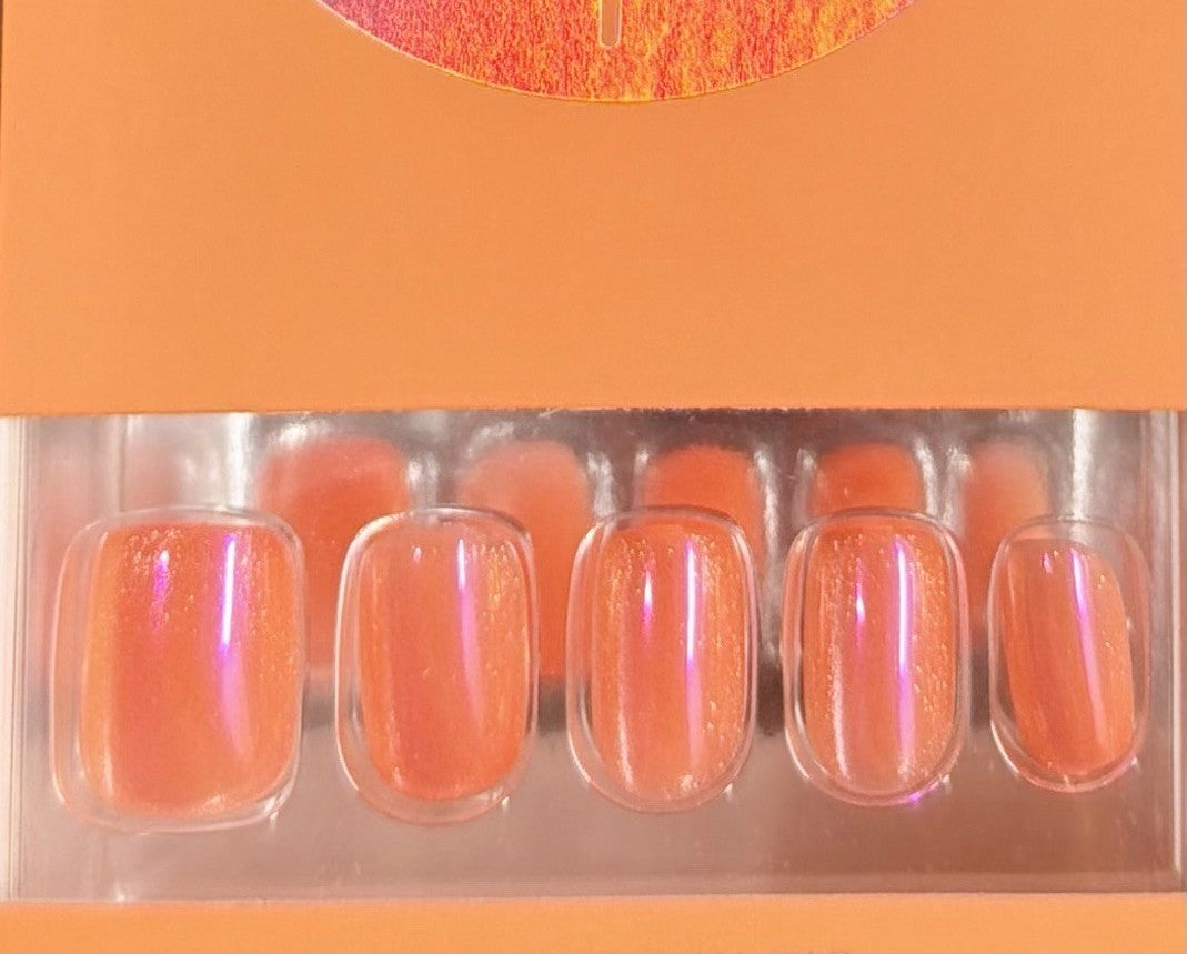 Orange Cat Eye Holographic Acrylic Short Squoval Nail Set - Relaxed Rosemary