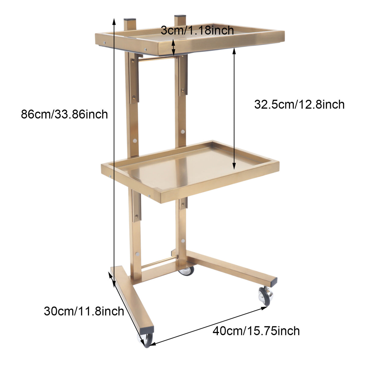 2-Tier Gold Stainless Steel Salon Trolley Cart with Foldable Tray