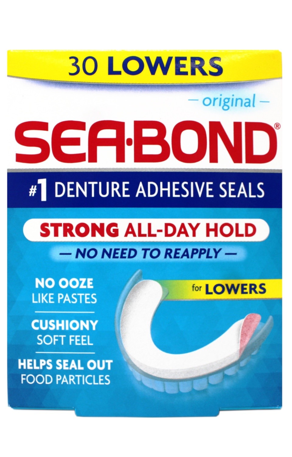 Denture Adhesive Seals for Lower Dentures - 30 Count, Zinc-Free, All-Day Hold