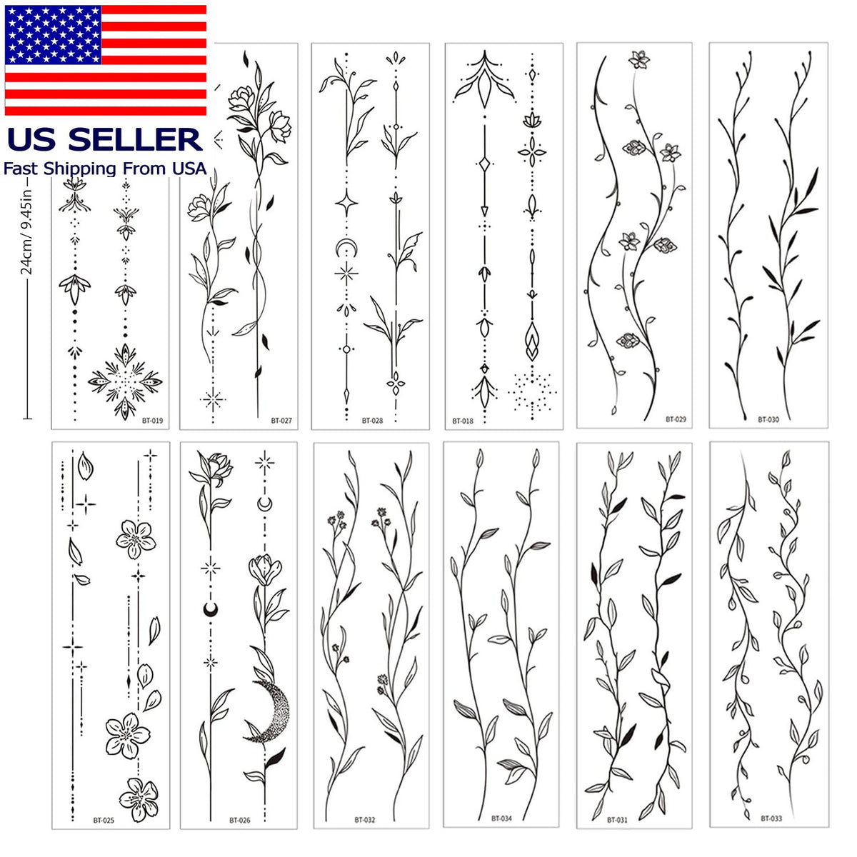 Temporary Tattoos for Women & Teens – 12 Sheet Long-Strip Branch Flower Leaves