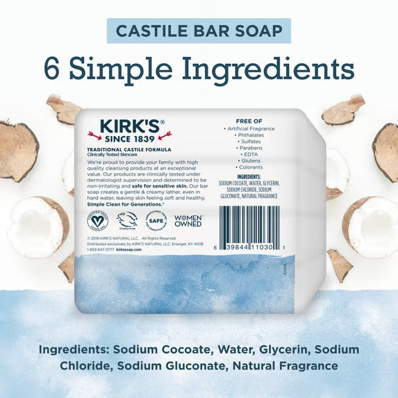Castile Bar Soap with Coconut Oil - Gentle, Moisturizing, 8 Bars