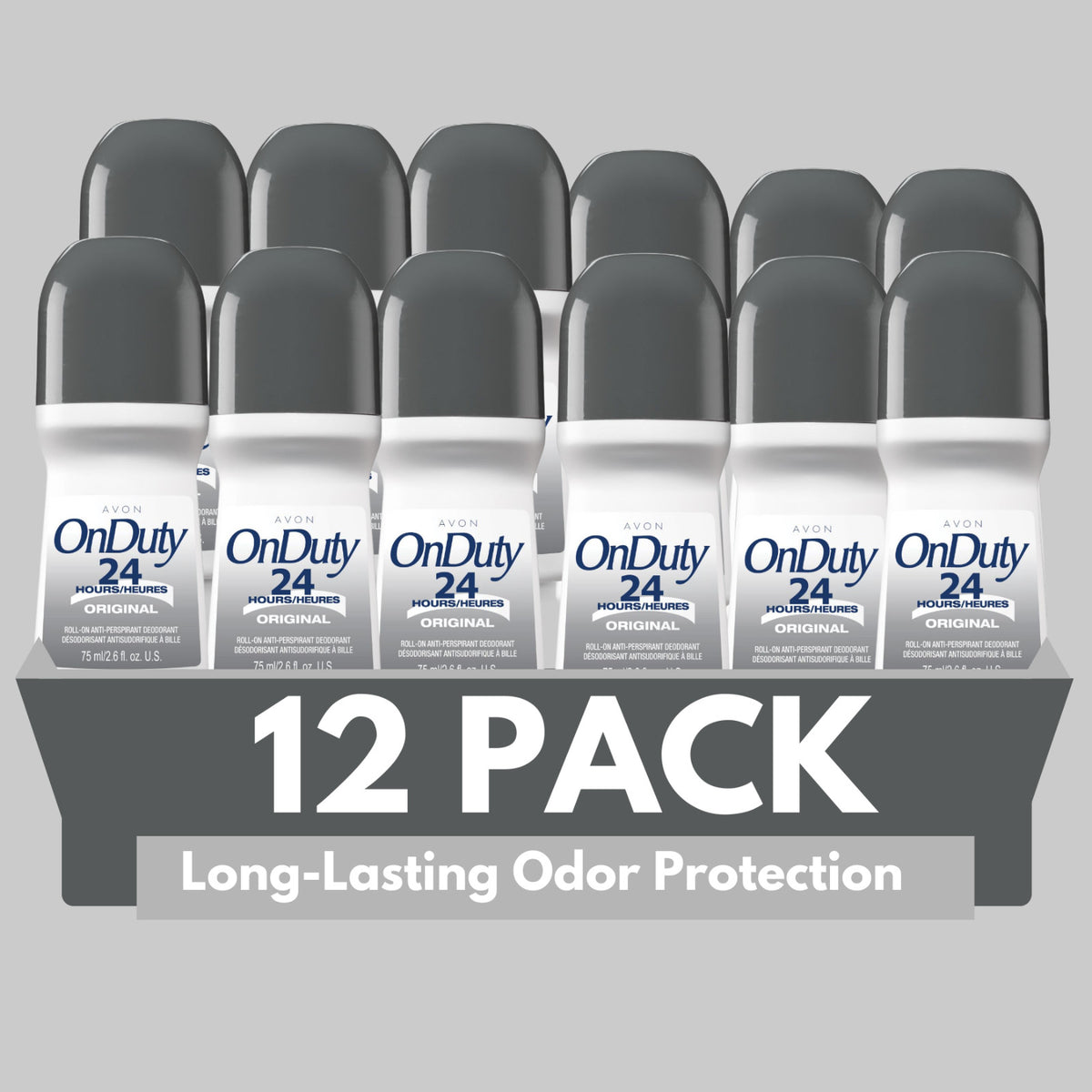 24H Roll-On Deodorant for Men & Women - Avon On Duty Original, 2.6 fl oz (12-Pack)