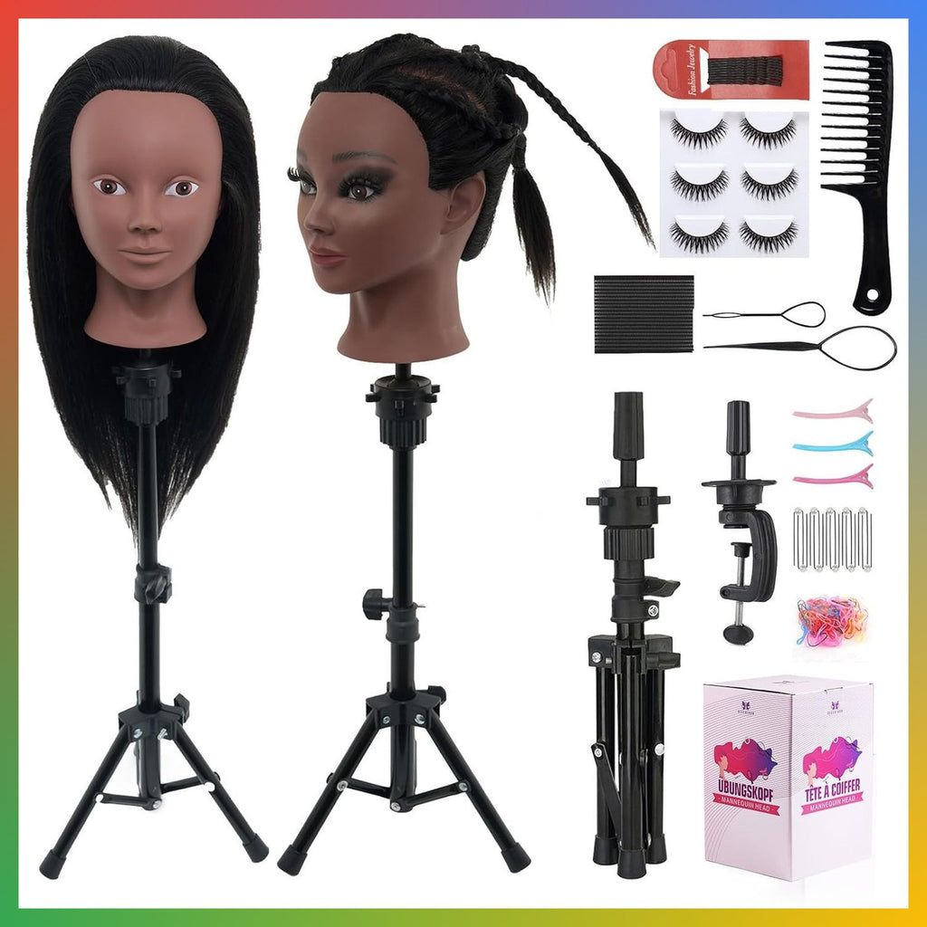 18-Inch Real Hair Mannequin Head with Stand for Makeup & Hairstyling Practice