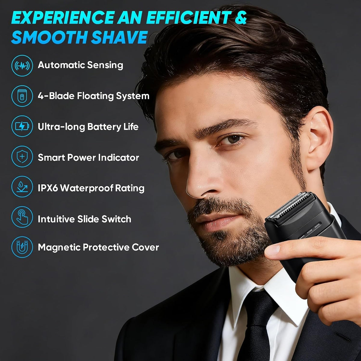 Men's Electric Foil Shaver with 4 Floating Blades, USB-C Rechargeable, Waterproof, Travel-Friendly