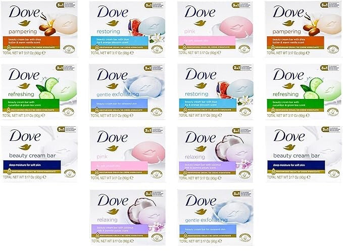 Dove Beauty Bar Soap Variety Pack 14 Count - Gentle, Exfoliating, Shea & Coconut