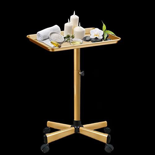 Salon Rolling Tray Cart with Wheels - Adjustable Gold Tattoo & Beauty Station