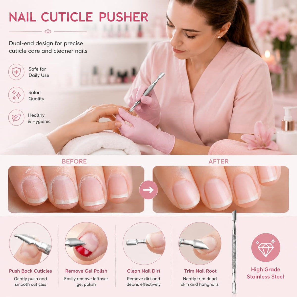 Professional Nail & Cuticle Pusher Tool for Manicure and Pedicure