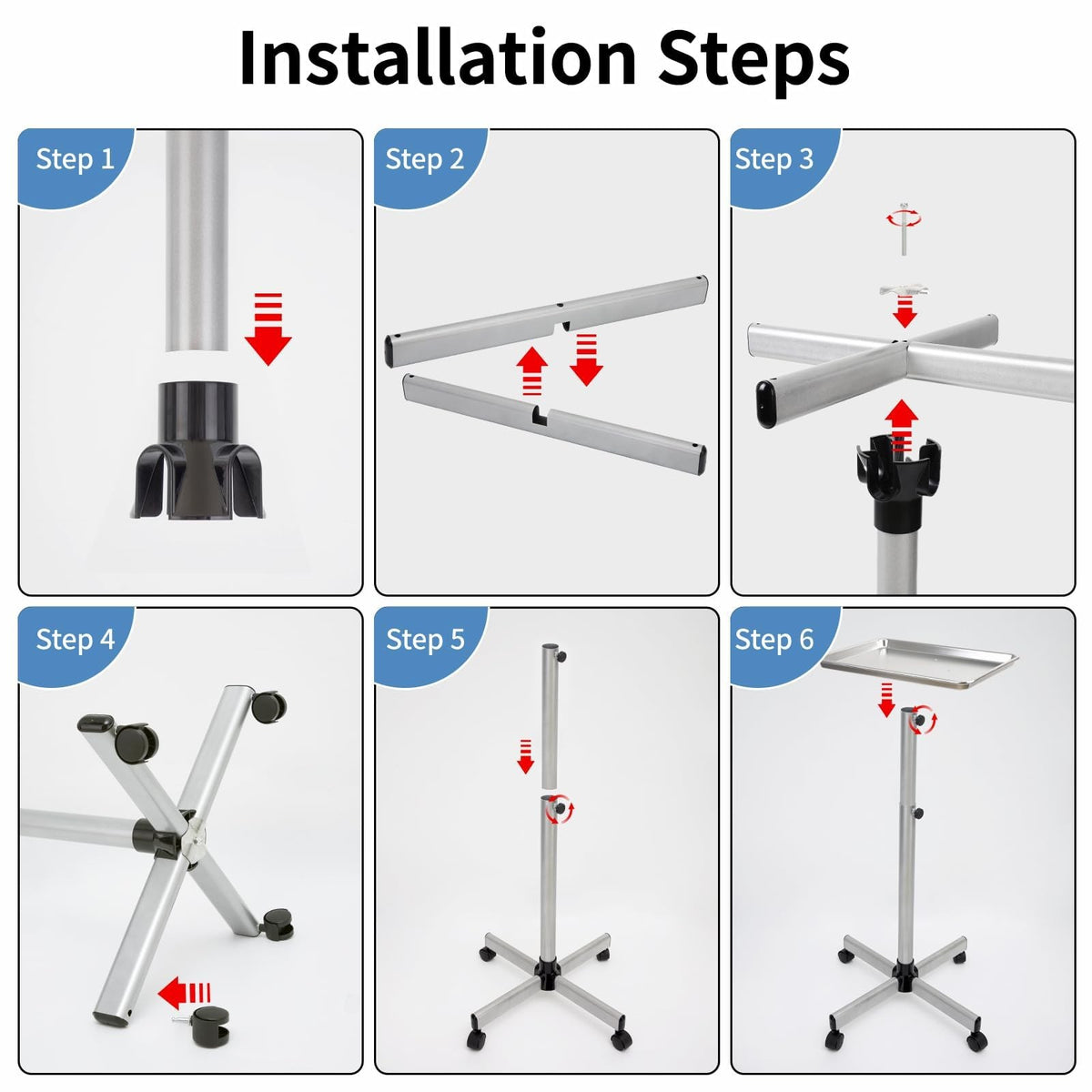 Adjustable Salon Color & Tattoo Tray Cart with Wheels, Height Adjustable