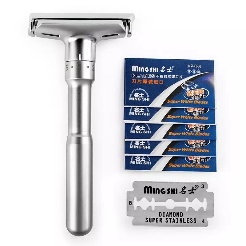 Adjustable Double Edge Safety Razor with Stand & 5 Blades - Classic Style