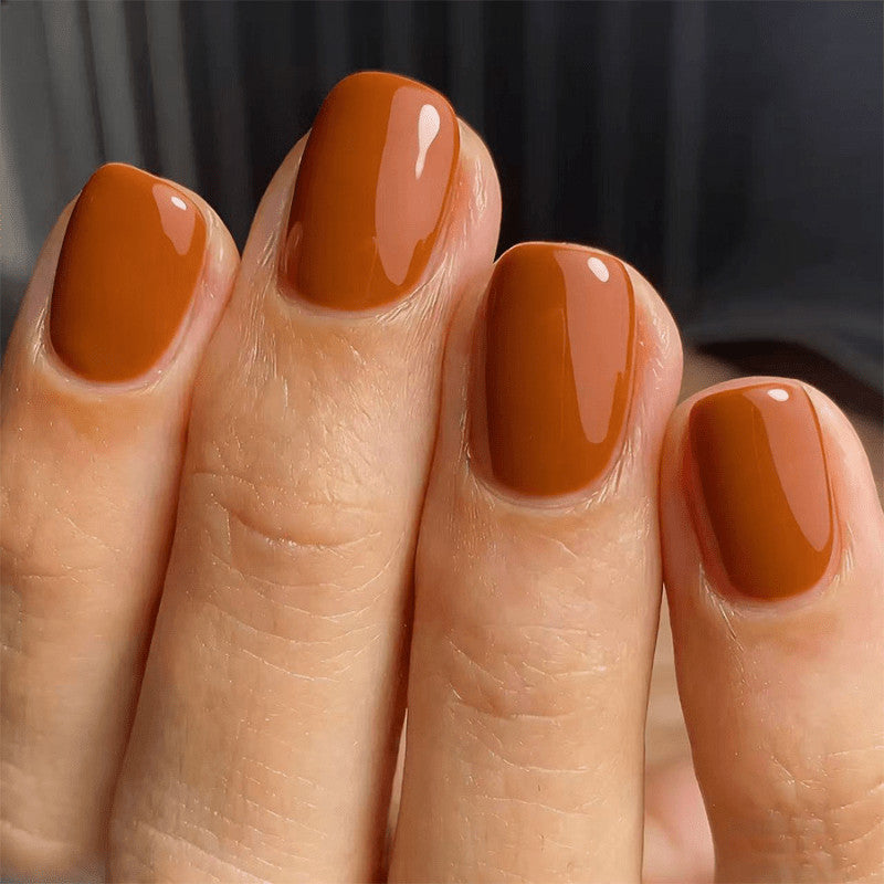 48Pcs Short Square Glossy Caramel Orange Fake Nail Set - Press On Nails
