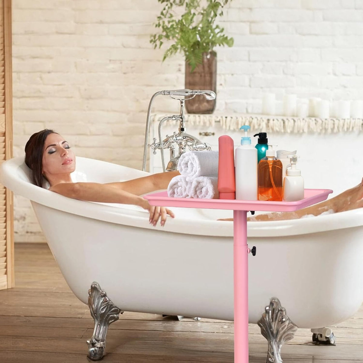 Pink Height-Adjustable Salon Tray with 5 Wheels for Beauty & Home Use