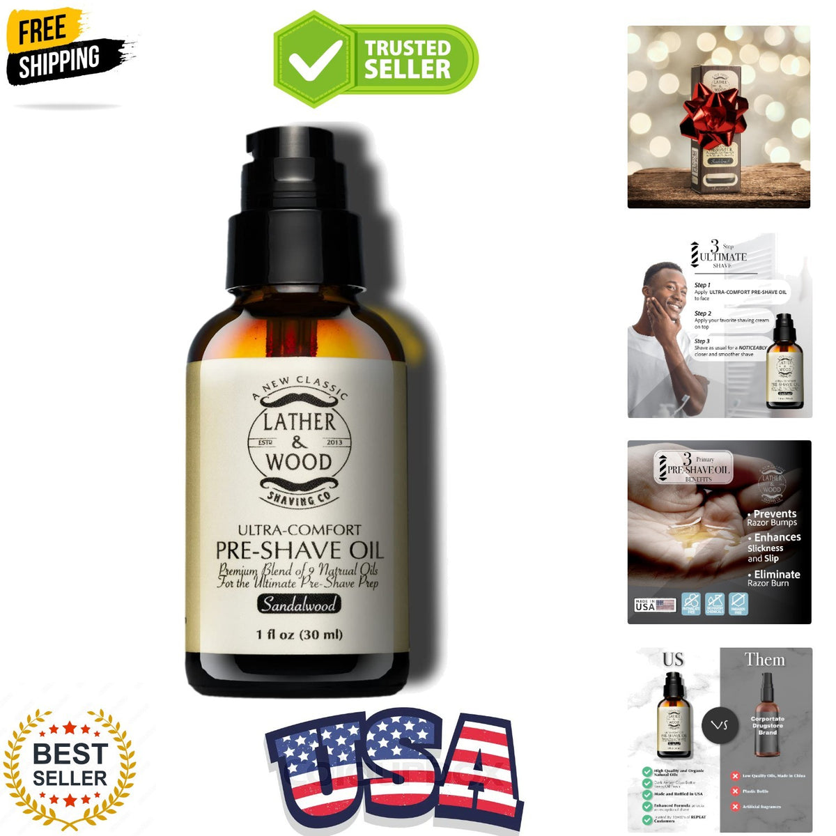 Pre-Shave Oil with Sandalwood for Smooth Irritation-Free Shaving - 1 Oz