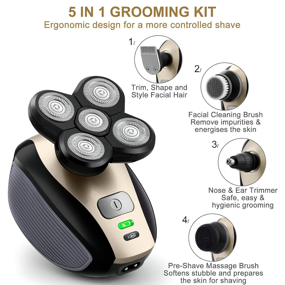 Rechargeable Waterproof Bald Shaver with 5D Floating Heads - Men’s Grooming Tool