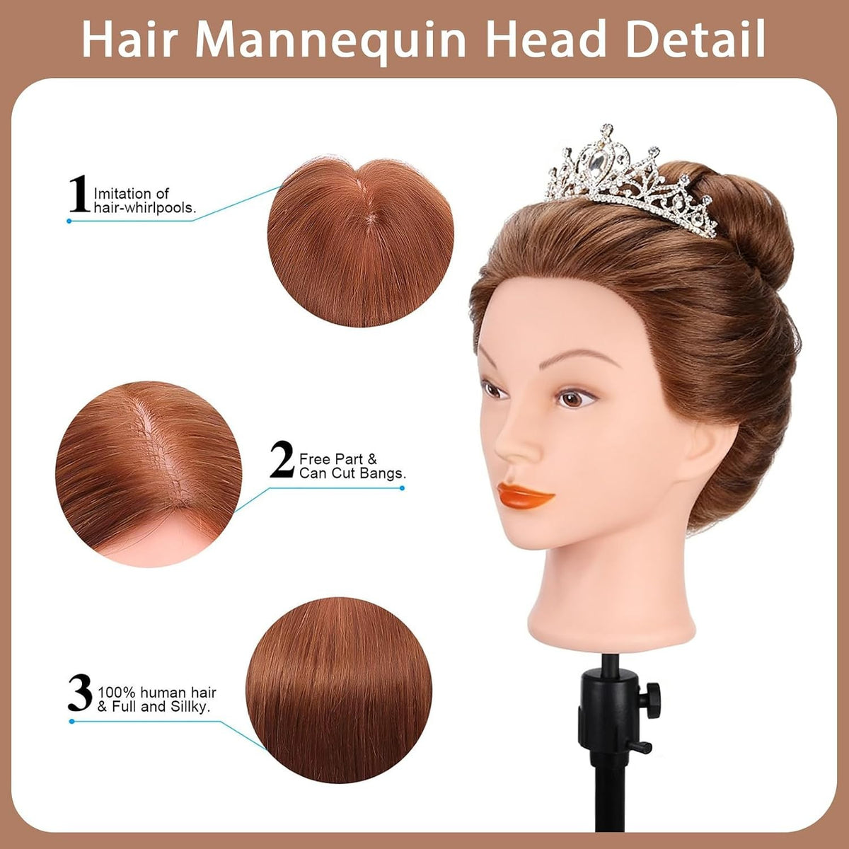 Mannequin Head with 100% Human Hair for Hair Styling Practice - Dark Brown