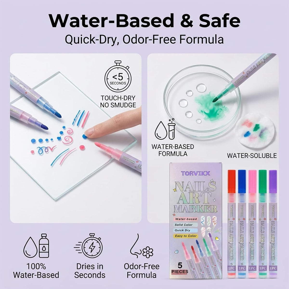 Vibrant Nail Art Pens Set for Kids & Adults - 5 Bright Colors for DIY Manicures