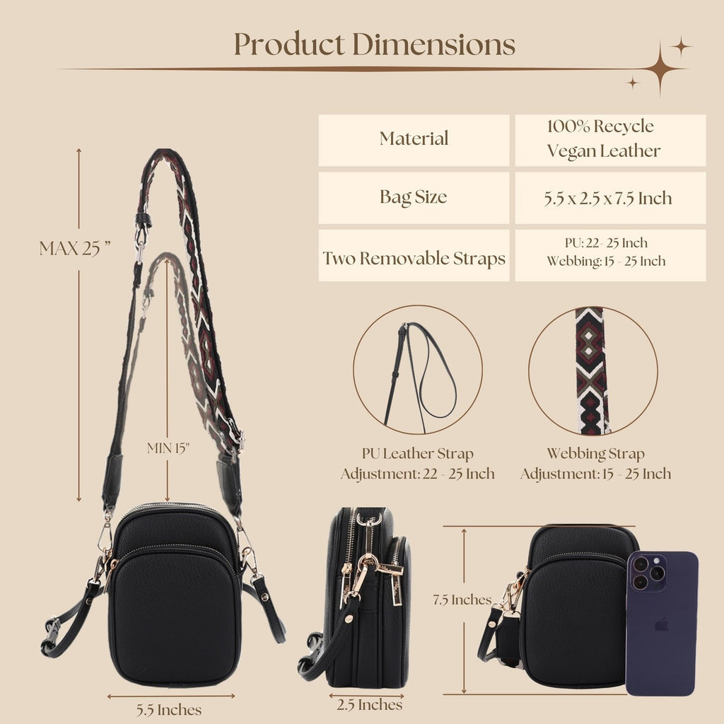 Small Crossbody Bag for Women with Triple Compartments - Black