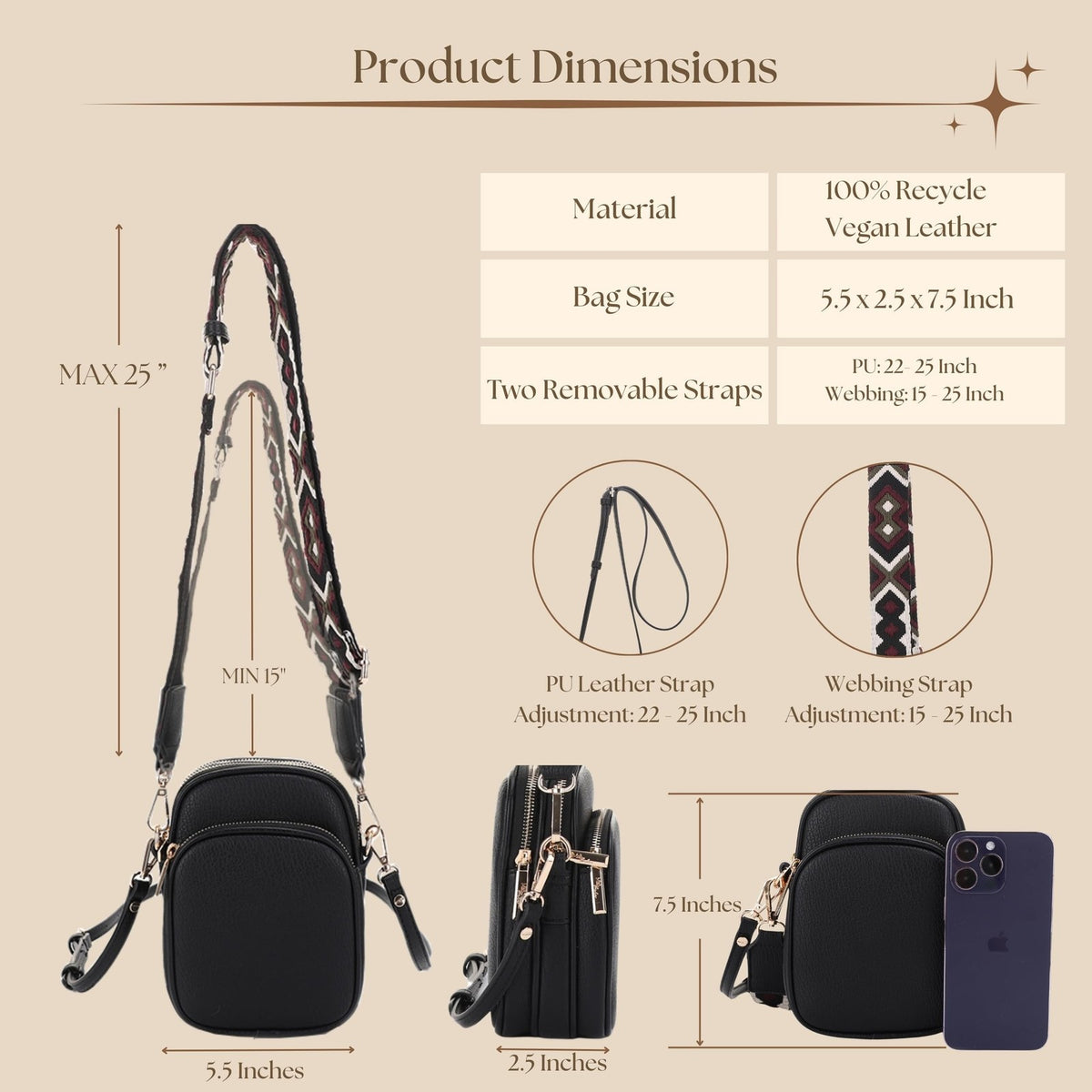 Small Crossbody Bag for Women with Triple Compartments - Black