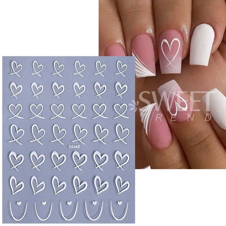 Nail Art Stickers 3D Black White Pink Lines Heart Decals 3PCS