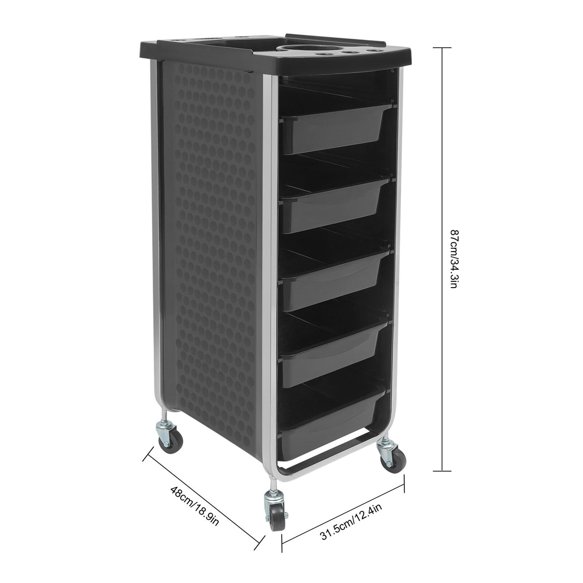 Salon Trolley Cart with 5 Drawers and Dryer Holder - Black Professional Organizer