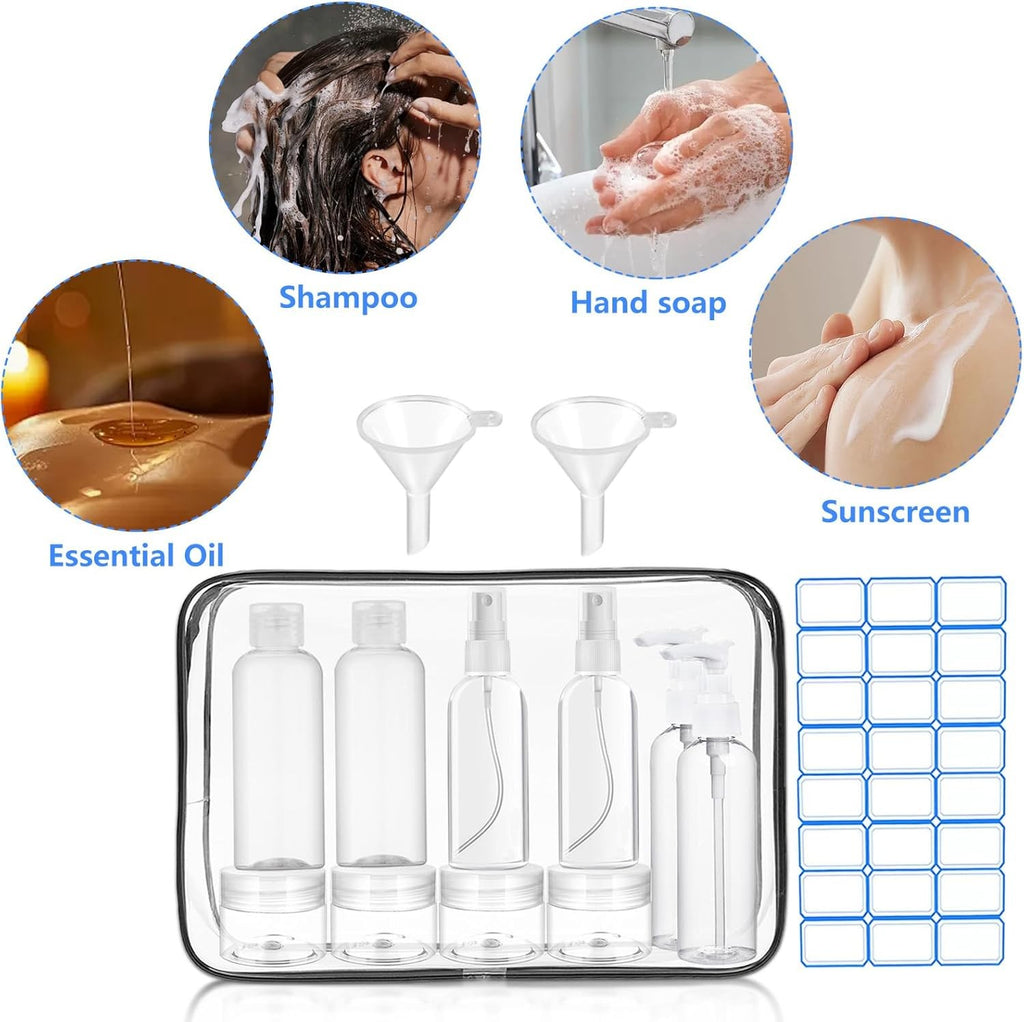 Travel Bottles Set TSA Approved Leakproof Toiletry Kit with Bag & Funnels