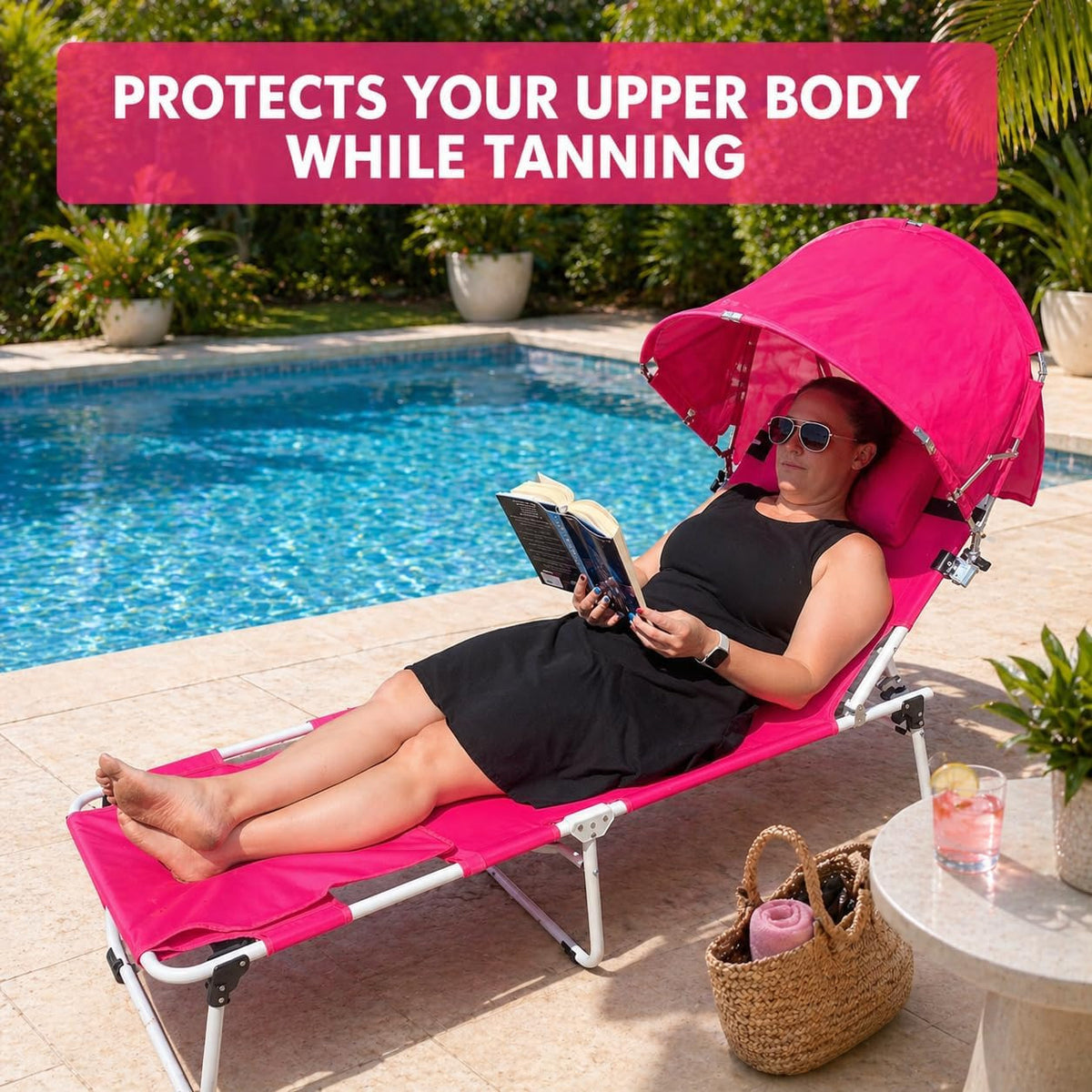 Outdoor Folding Sun Lounger with Canopy and Face Hole - Heavy Duty Pink