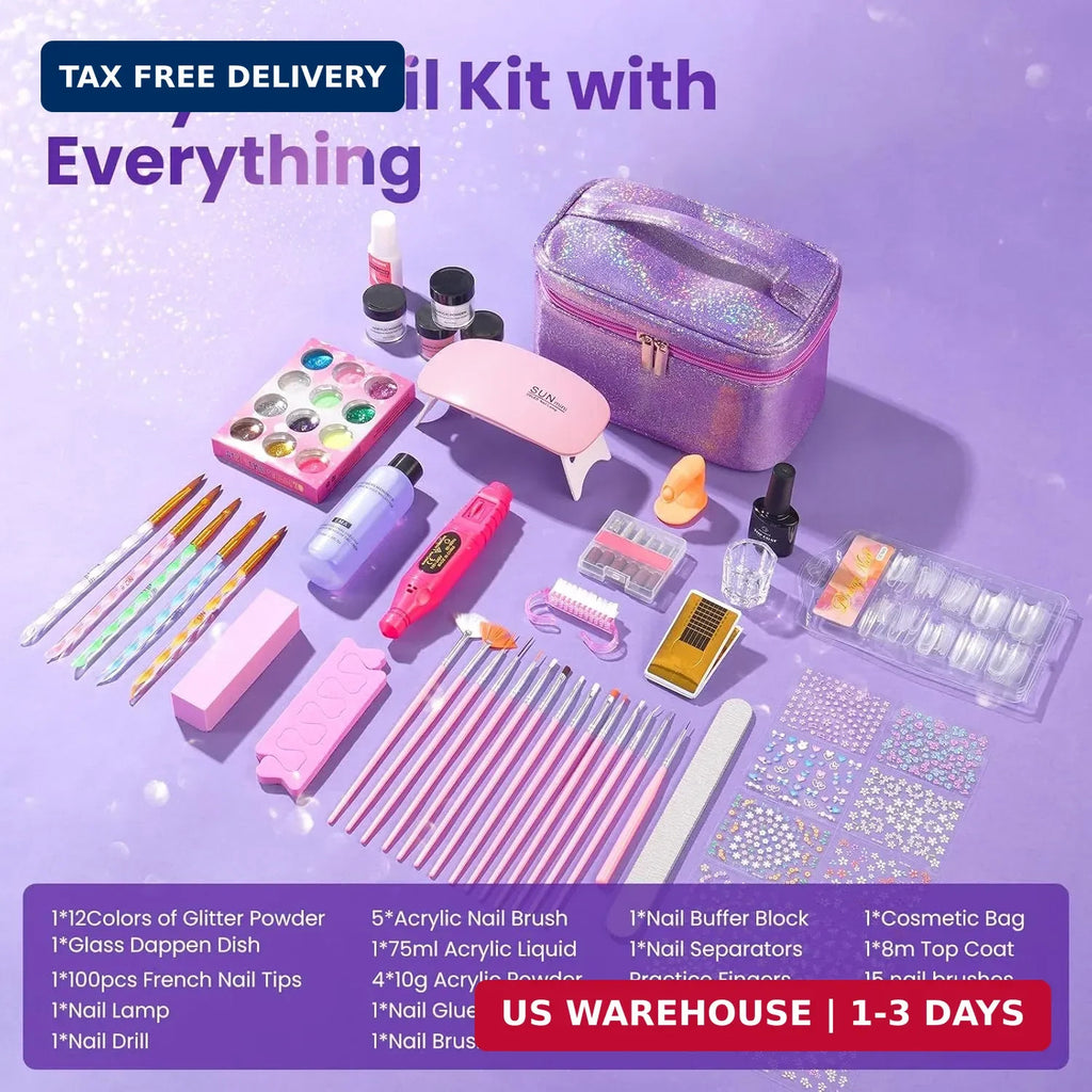 Beginner Nail Art Kit with Acrylic, Glitter Powder & Tools