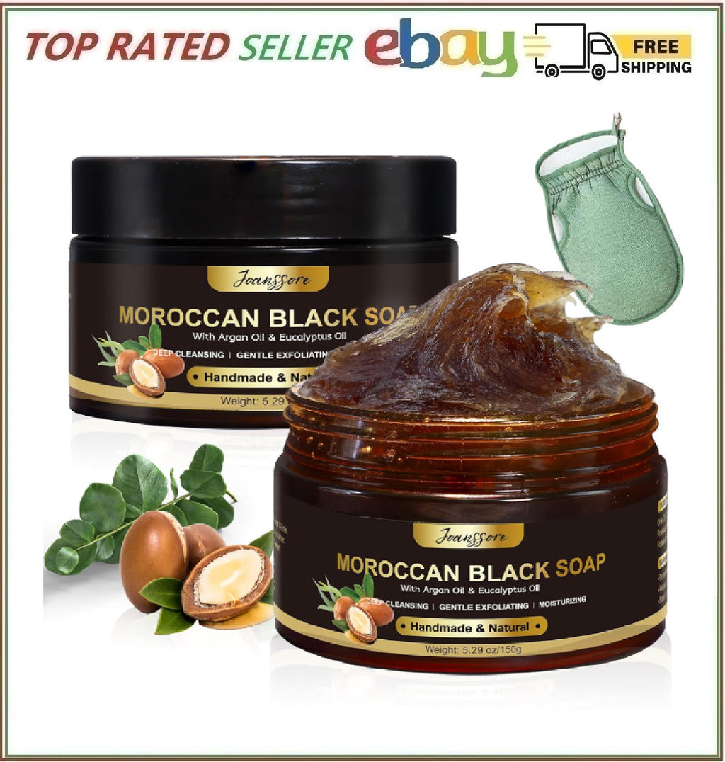 Moroccan Black Soap with Exfoliating Glove - Deep Cleansing Body & Face Scrub Set