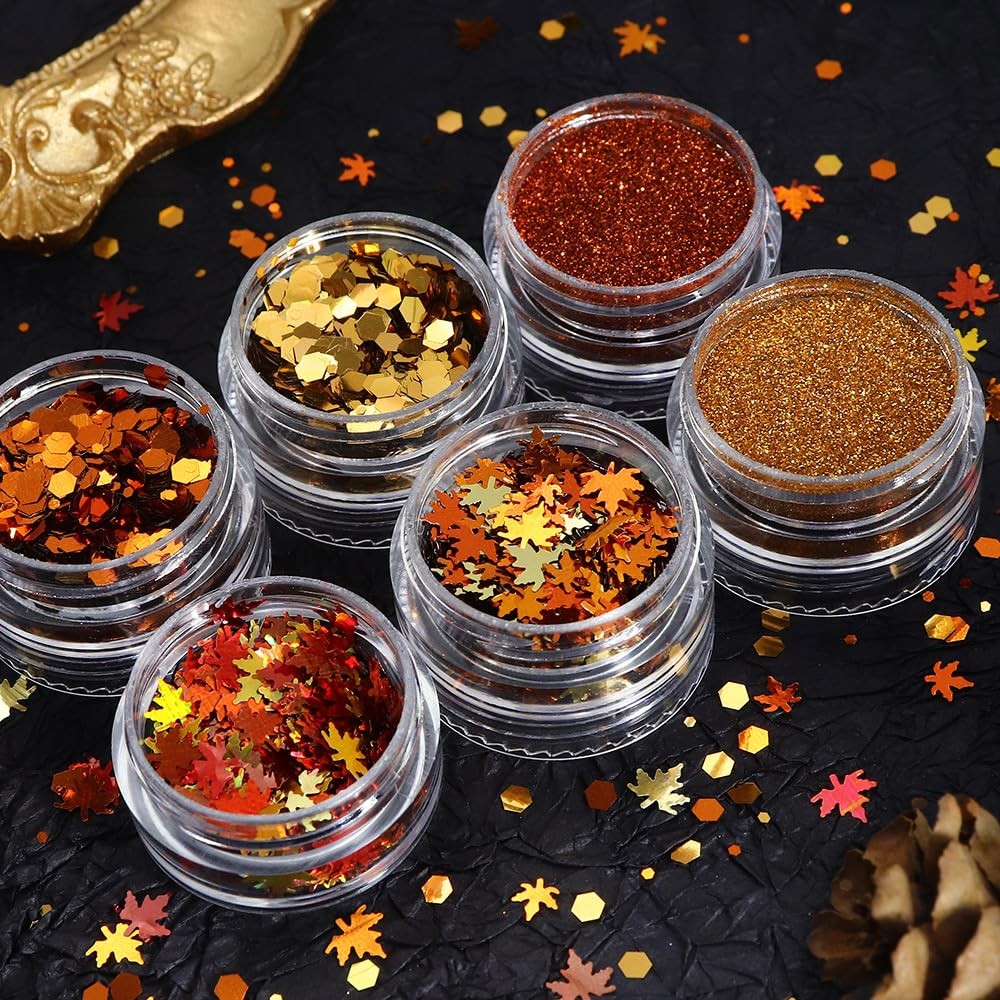 Fall Leaves Nail Art Glitter Set - 6 Boxes Gold Red Yellow Sequins for Nails