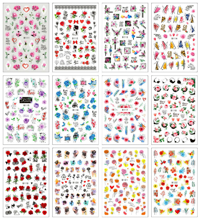 3D Nail Art Sticker Rose Flower Heart Floral Decals - Peel & Stick, Multiple Patterns