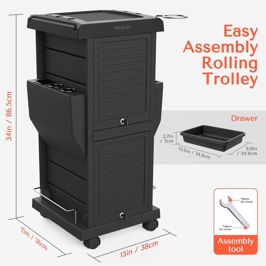 Salon Trolley Cart with Locking Casters for Hair Stylist & Barber Stations