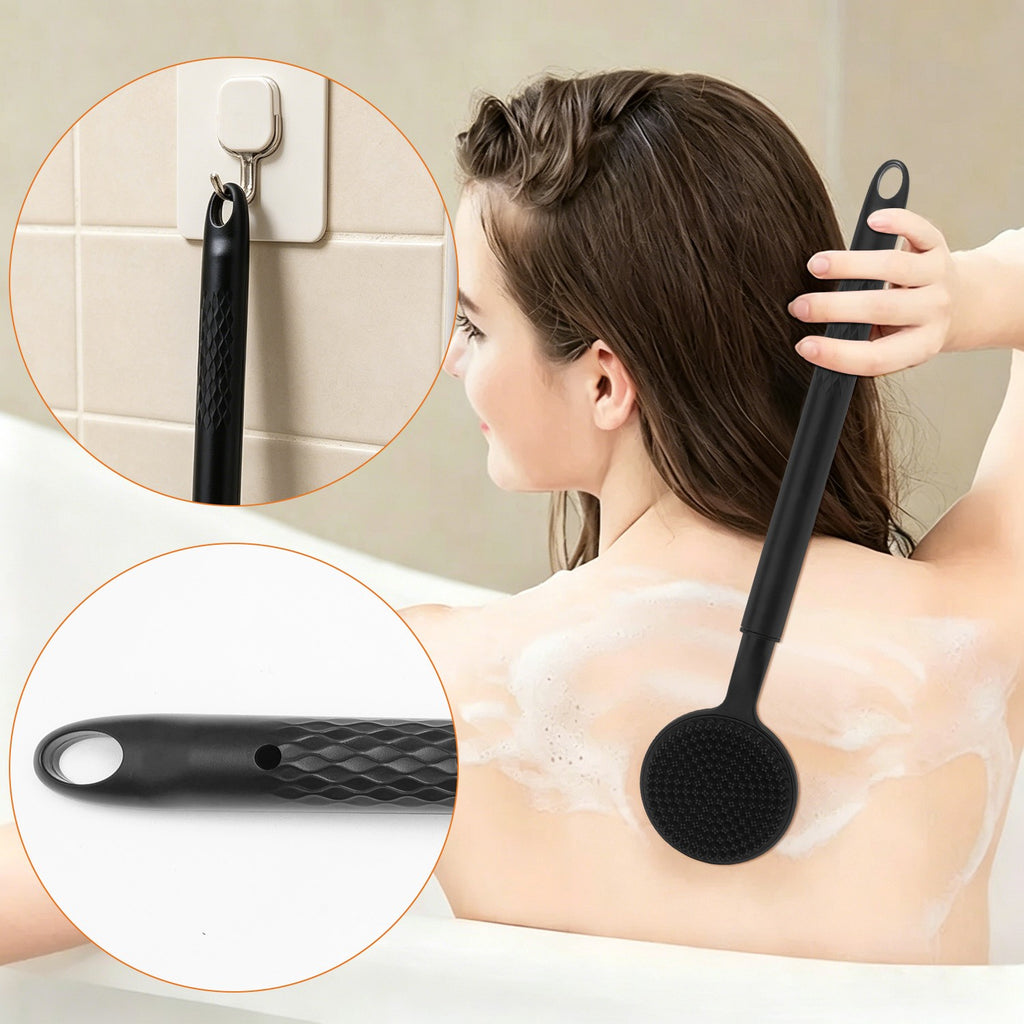 Long Handle Silicone Body Scrubber with Soft Bristles for Shower Exfoliation