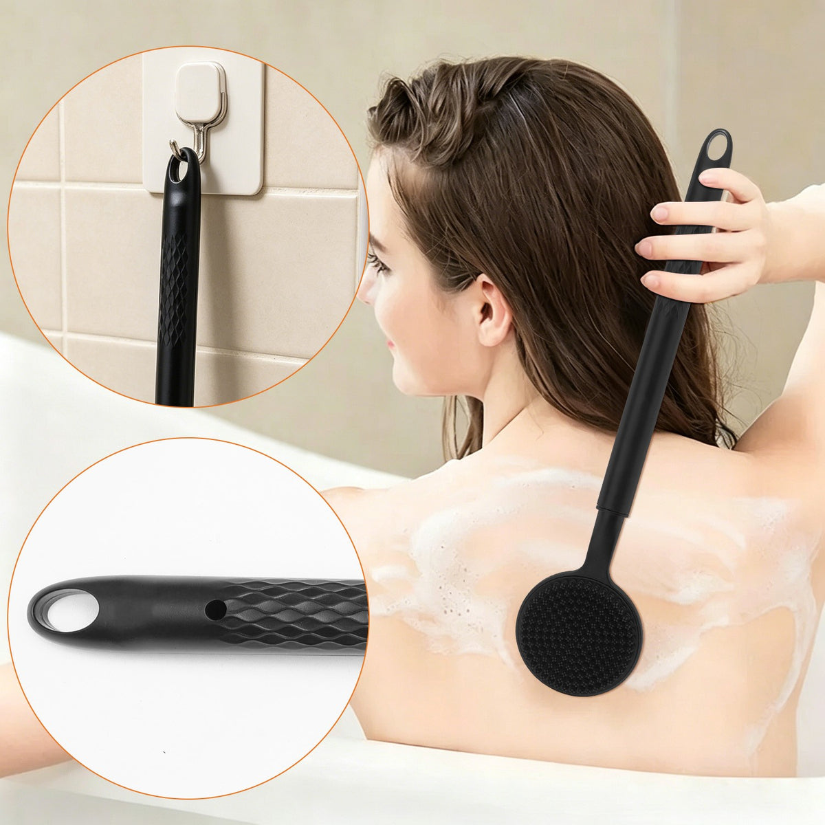 Long Handle Silicone Body Scrubber with Soft Bristles for Shower Exfoliation