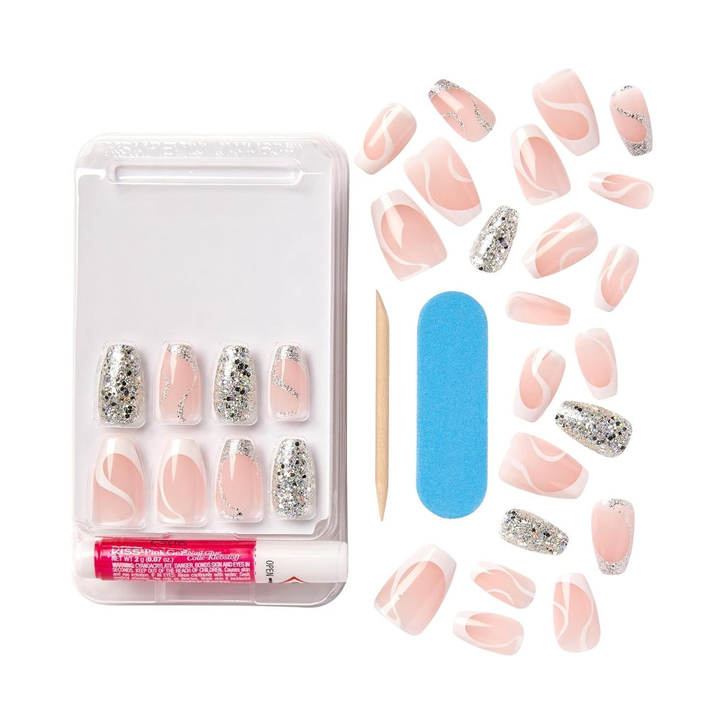 2 Boxes Fake Nails - Pink Glitter Coffin Shape with Nail Glue & Tools