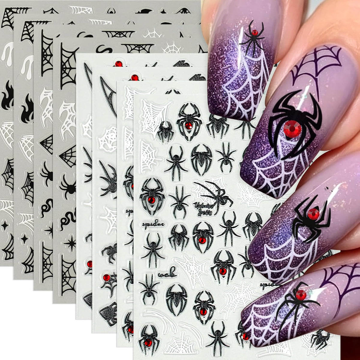 Halloween Nail Stickers 8 Sheets Spider Web Black & White Nail Art Decals