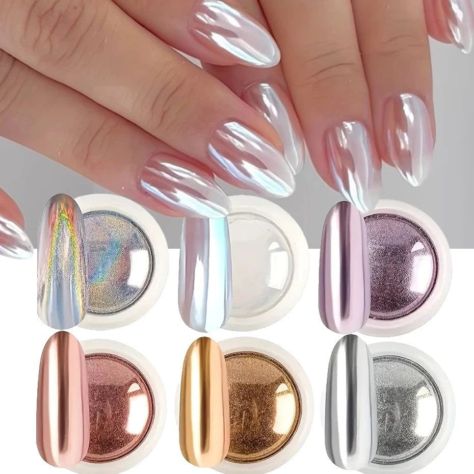 Mirror Chrome Nail Powder Set - Aurora & Holographic Metallic Finish, 6 Colors