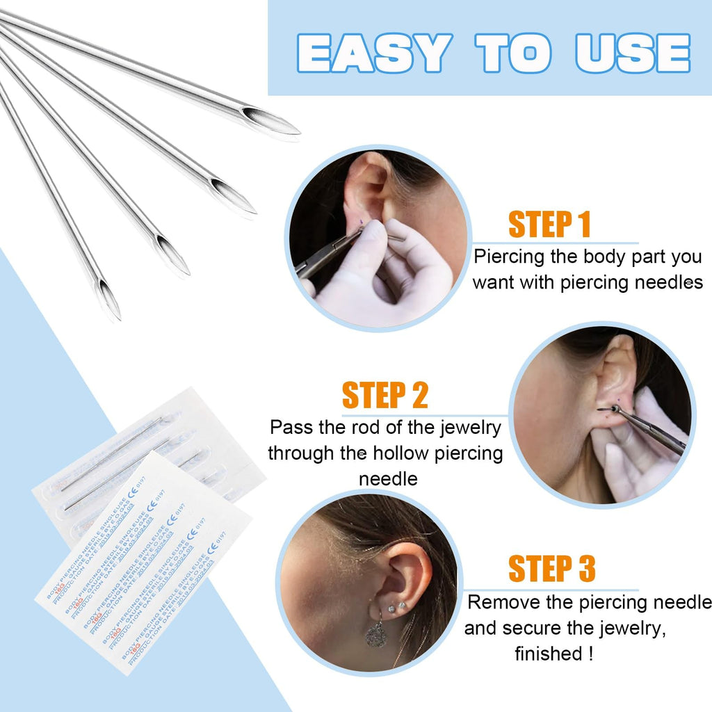 Piercing Needles Kit 12G-20G, 50Pcs, Sterile Hollow Needles, 316L Stainless Steel