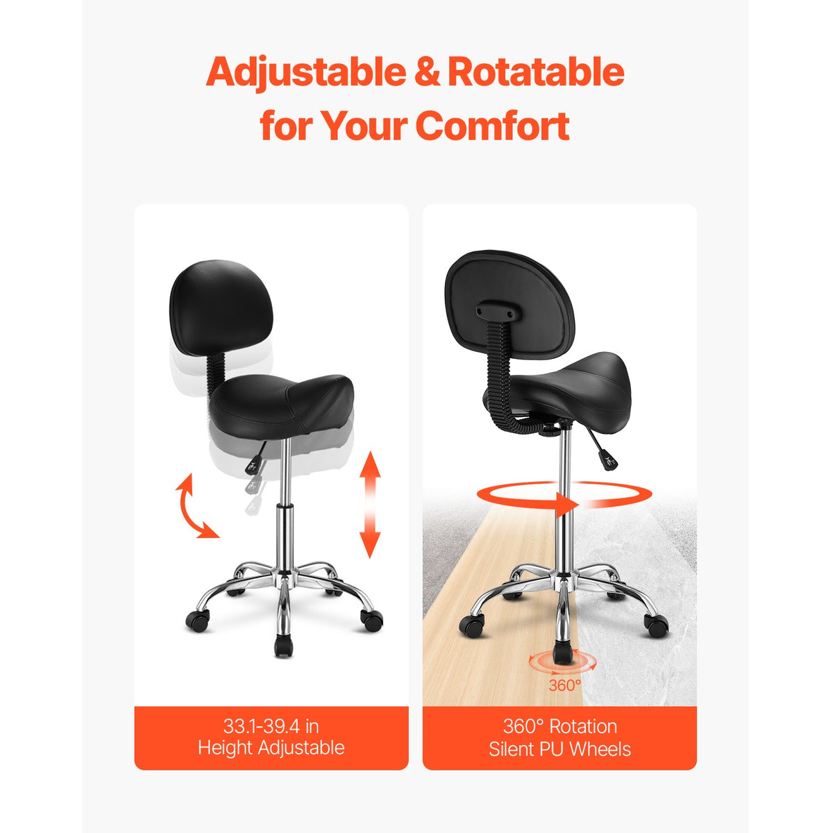 Adjustable Saddle Stool with Wheels and Backrest - PU Leather, Heavy Duty