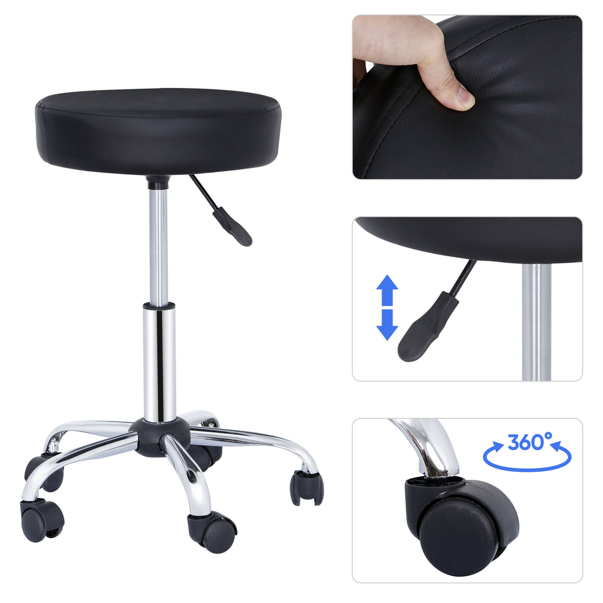 Hydraulic Salon Rolling Stool Adjustable Swivel Chair with Wheels - Black