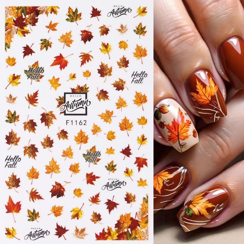 Fall Nail Art Stickers - Autumn Maple Leaf 3D Self-Adhesive Nail Decals, 6 Sheets