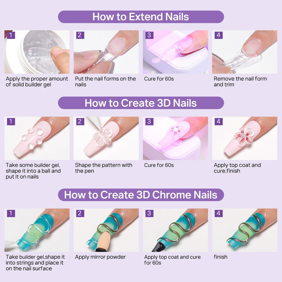 3D Nail Sculpting Gel Kit with Clear and White Polishes, Nail Mold & Forms
